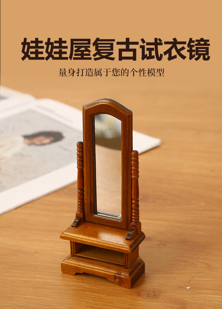 DIY Dollhouse Miniature Full-Length Dressing Mirror European Style Bedroom with Storage Cabinet Floor-standing Dressing Mirror Model Accessories