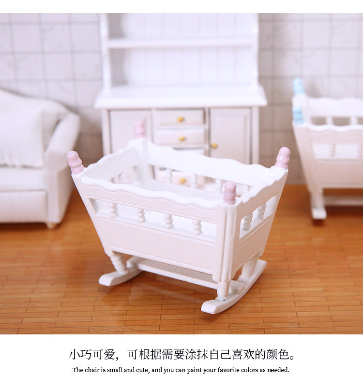 1:12 Dollhouse Bedroom Scene Mini Cradle Blue and Pink Pillars Realistic Baby Rocking Bed