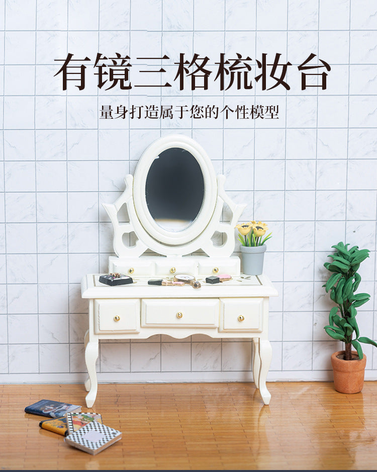 Miniature DIY Dollhouse Bedroom Dressing Table with Mirror Model Small Furniture Mini Wooden Craft Scene Ornament