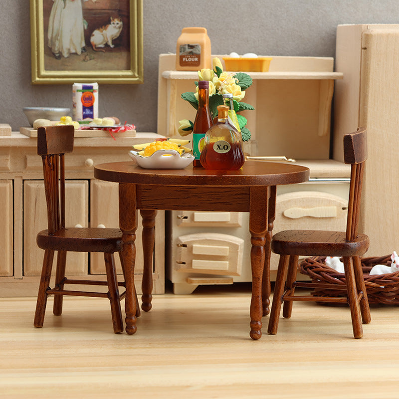 1:12 Dollhouse Miniature Wooden Crafts Chestnut Table and Chairs