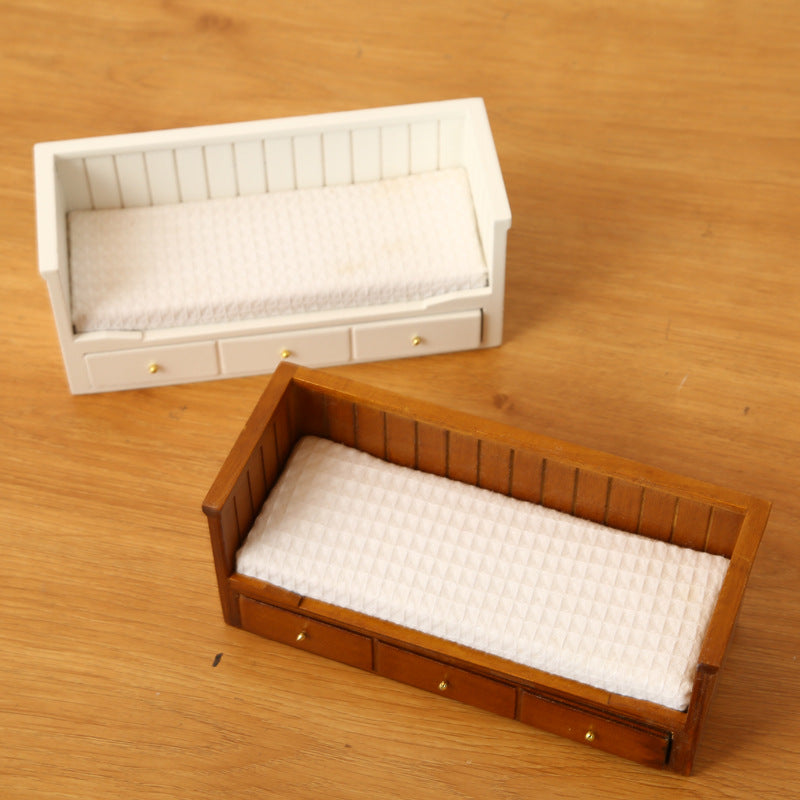 1:12 Dollhouse Mini Furniture Bedroom Micro Scene Model Walnut Retro Single Bed