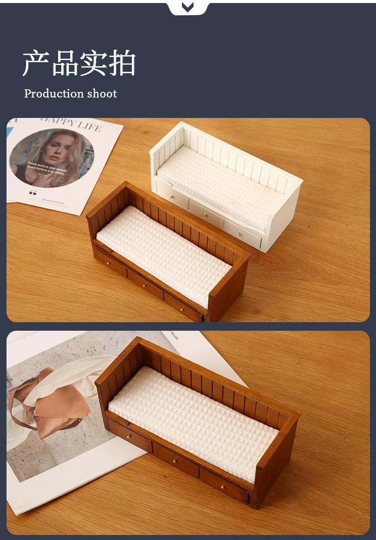 1:12 Dollhouse Mini Furniture Bedroom Micro Scene Model Walnut Retro Single Bed