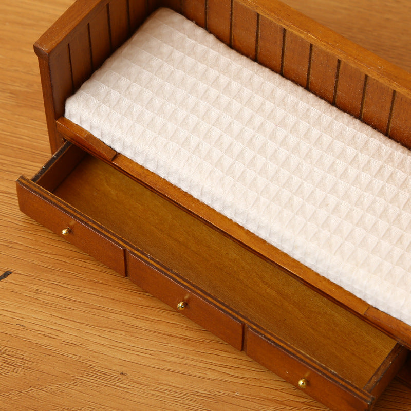 1:12 Dollhouse Mini Furniture Bedroom Micro Scene Model Walnut Retro Single Bed