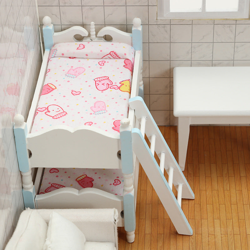 1:12 Dollhouse Mini Furniture Bedroom Children's Bunk Bed Miniature Model Playhouse Cartoon Creative Ornament