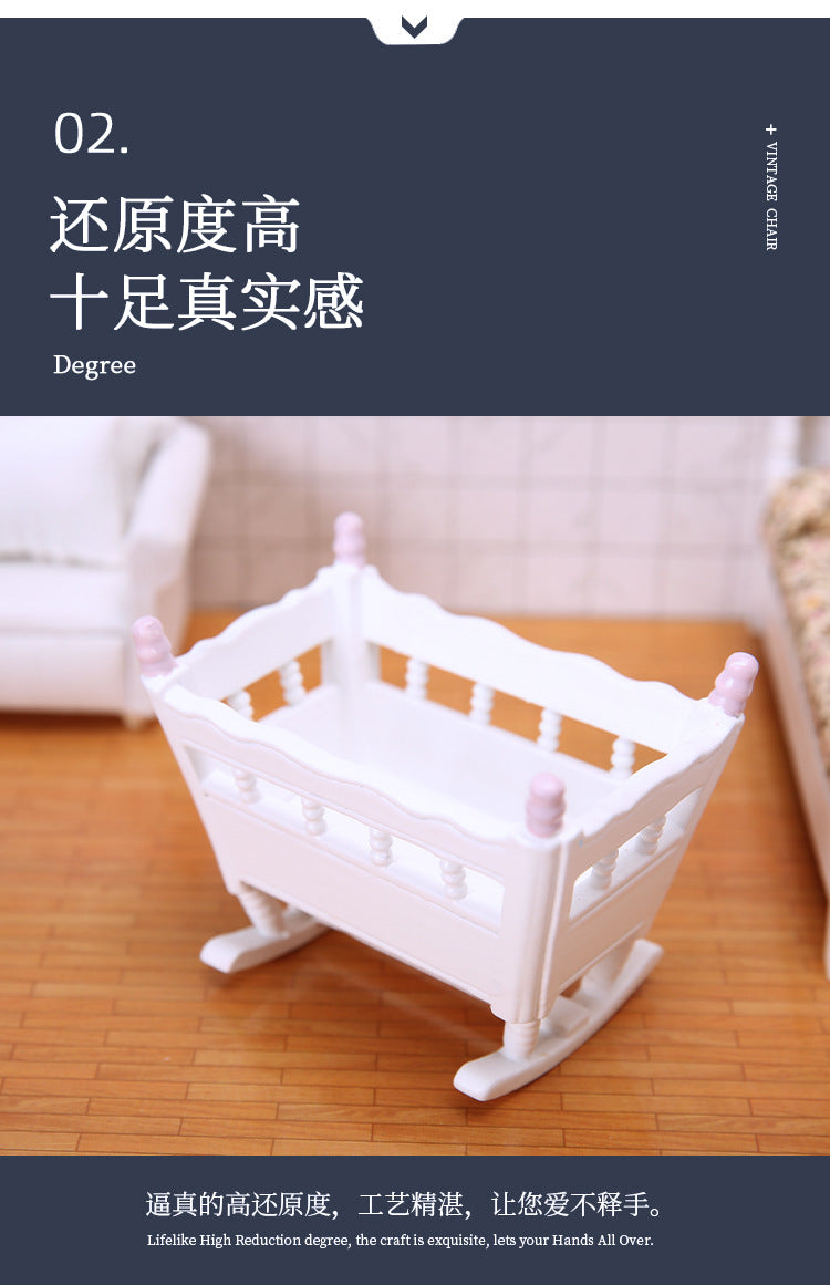1:12 Dollhouse Bedroom Scene Mini Cradle Blue and Pink Pillars Realistic Baby Rocking Bed