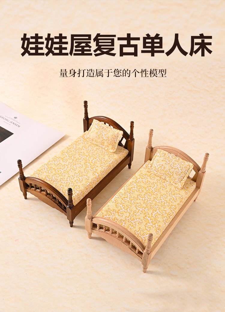 1:12 Dollhouse Mini Furniture Bedroom Micro Scene Wooden Classical European Single Bed
