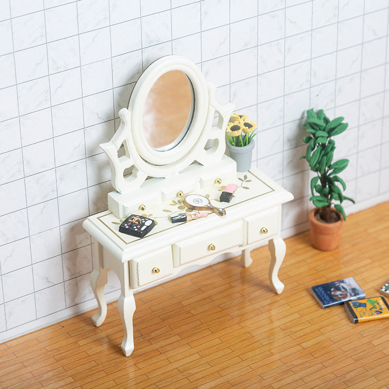 Miniature DIY Dollhouse Bedroom Dressing Table with Mirror Model Small Furniture Mini Wooden Craft Scene Ornament
