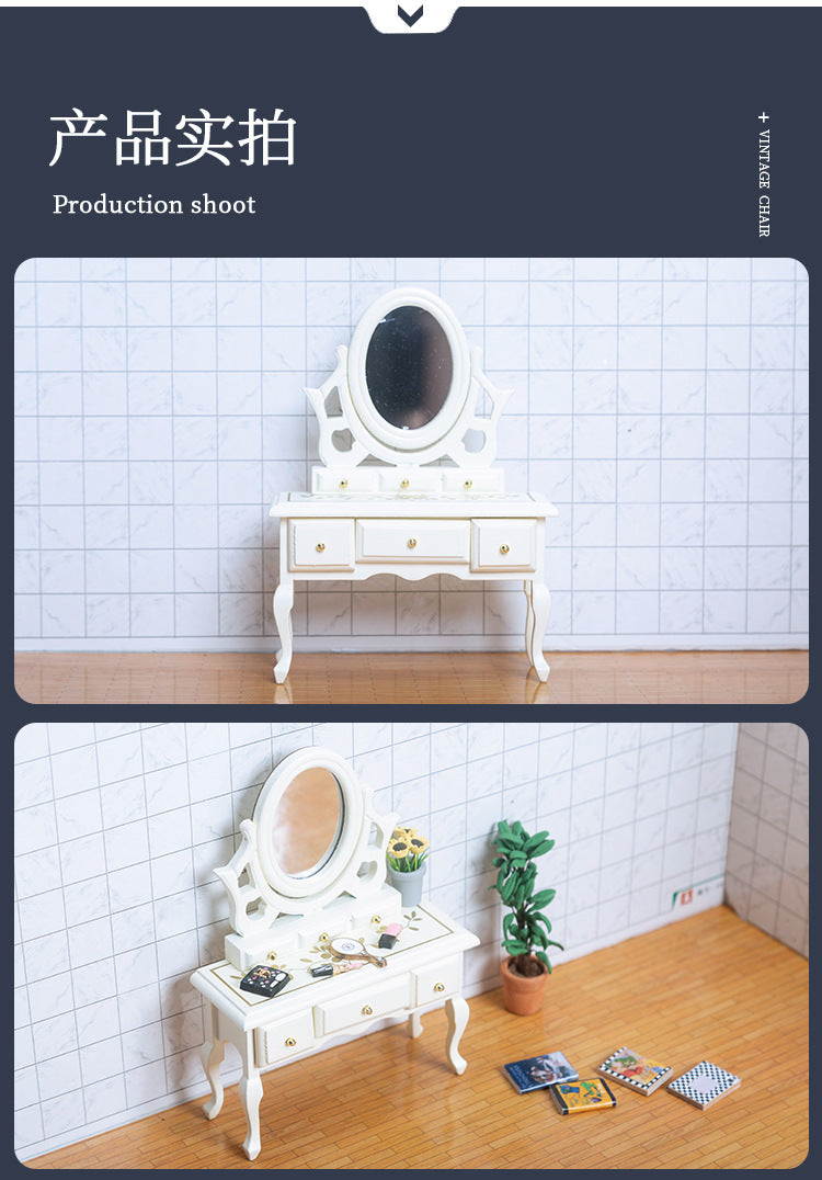Miniature DIY Dollhouse Bedroom Dressing Table with Mirror Model Small Furniture Mini Wooden Craft Scene Ornament