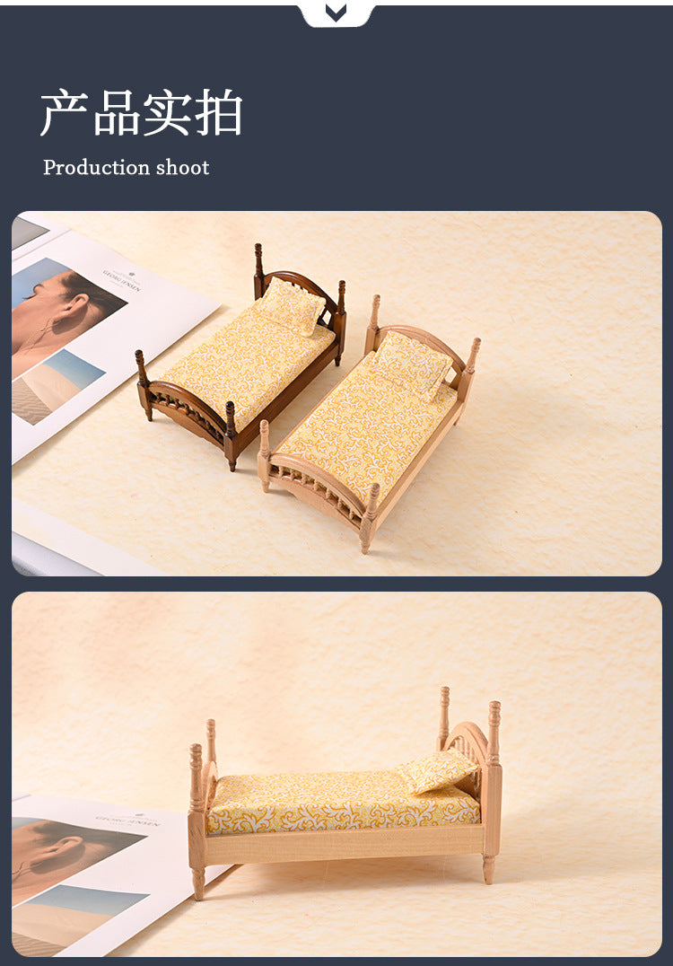 1:12 Dollhouse Mini Furniture Bedroom Micro Scene Wooden Classical European Single Bed