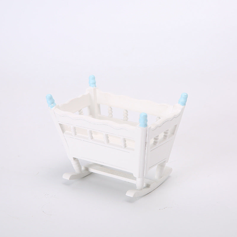 1:12 Dollhouse Bedroom Scene Mini Cradle Blue and Pink Pillars Realistic Baby Rocking Bed
