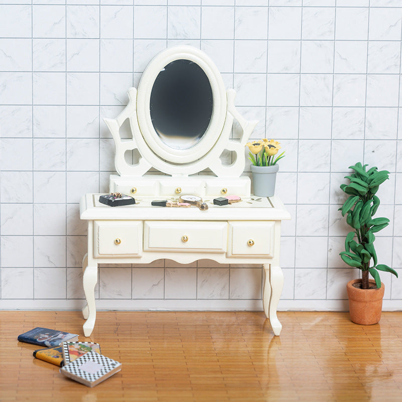 Miniature DIY Dollhouse Bedroom Dressing Table with Mirror Model Small Furniture Mini Wooden Craft Scene Ornament