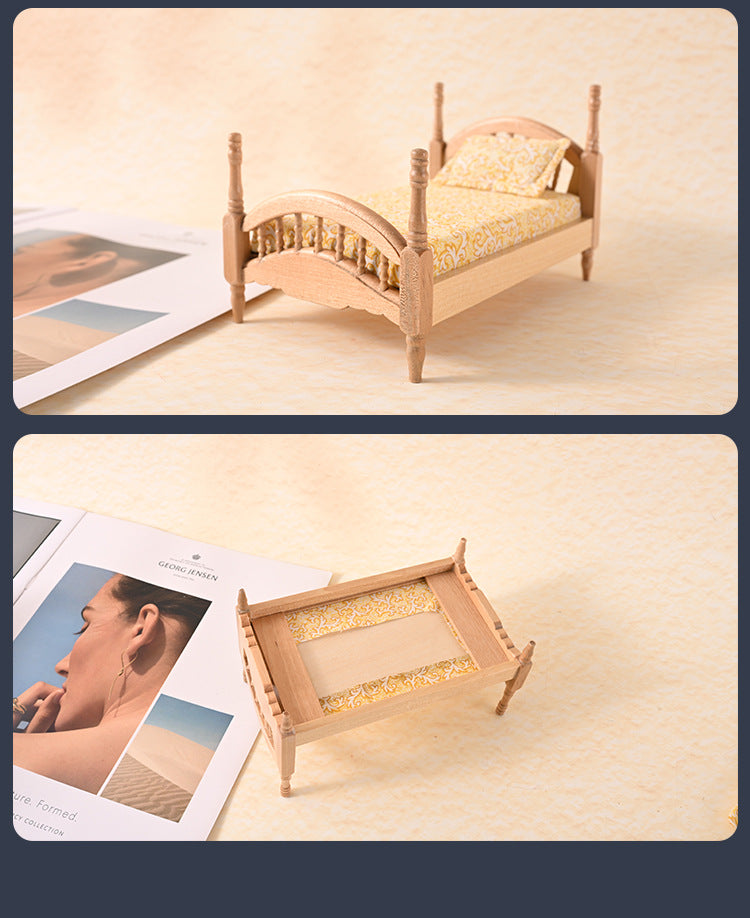 1:12 Dollhouse Mini Furniture Bedroom Micro Scene Wooden Classical European Single Bed