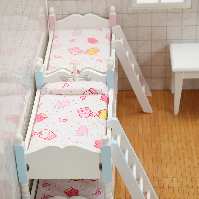 1:12 Dollhouse Mini Furniture Bedroom Children's Bunk Bed Miniature Model Playhouse Cartoon Creative Ornament