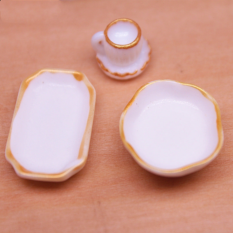 Dollhouse Miniature Food Accessories Miniature Realistic Kitchen White Tableware Bowls Plates Cups
