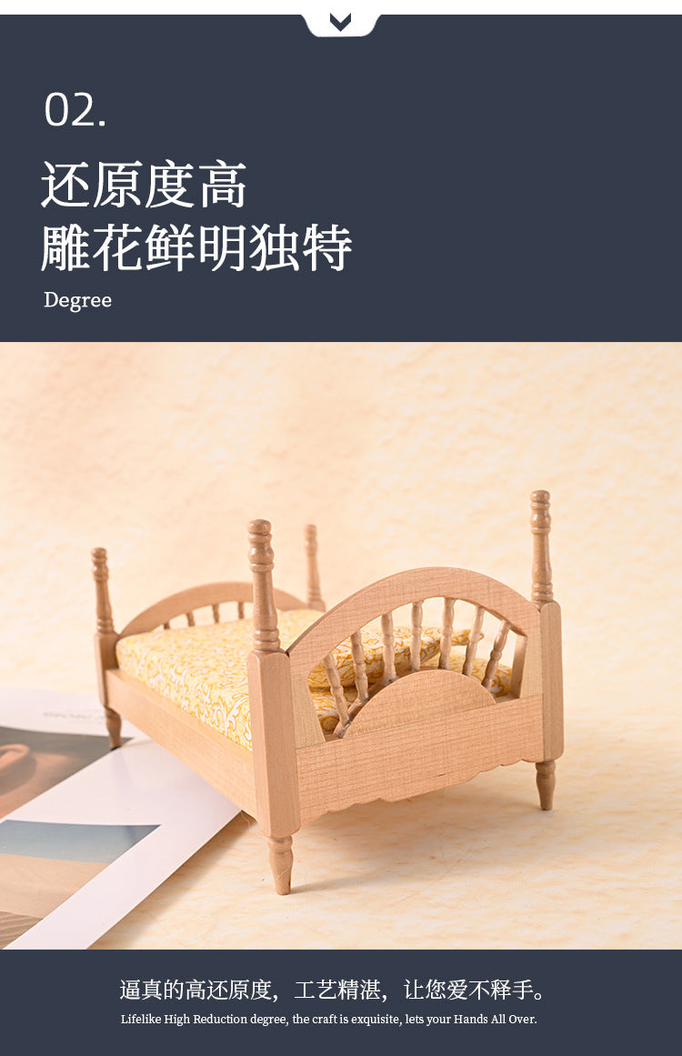 1:12 Dollhouse Mini Furniture Bedroom Micro Scene Wooden Classical European Single Bed