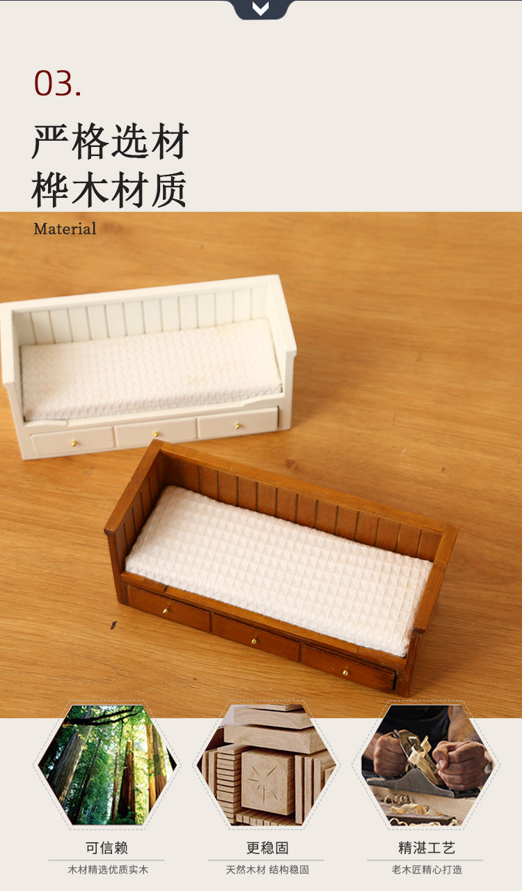 1:12 Dollhouse Mini Furniture Bedroom Micro Scene Model Walnut Retro Single Bed