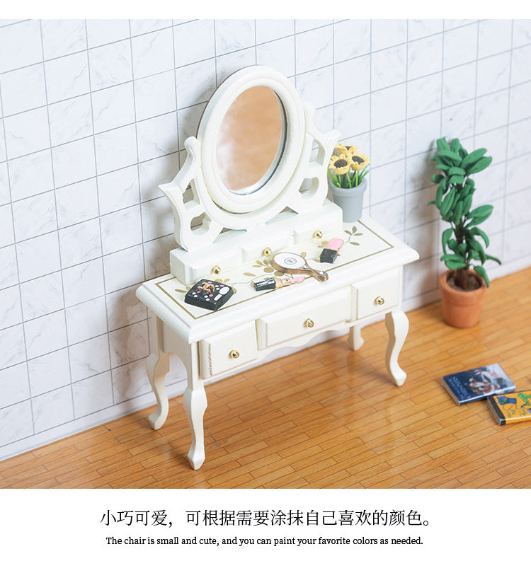 Miniature DIY Dollhouse Bedroom Dressing Table with Mirror Model Small Furniture Mini Wooden Craft Scene Ornament