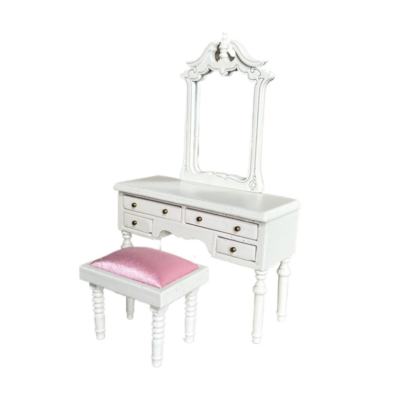 Dollhouse White Bedroom Dresser with Stool