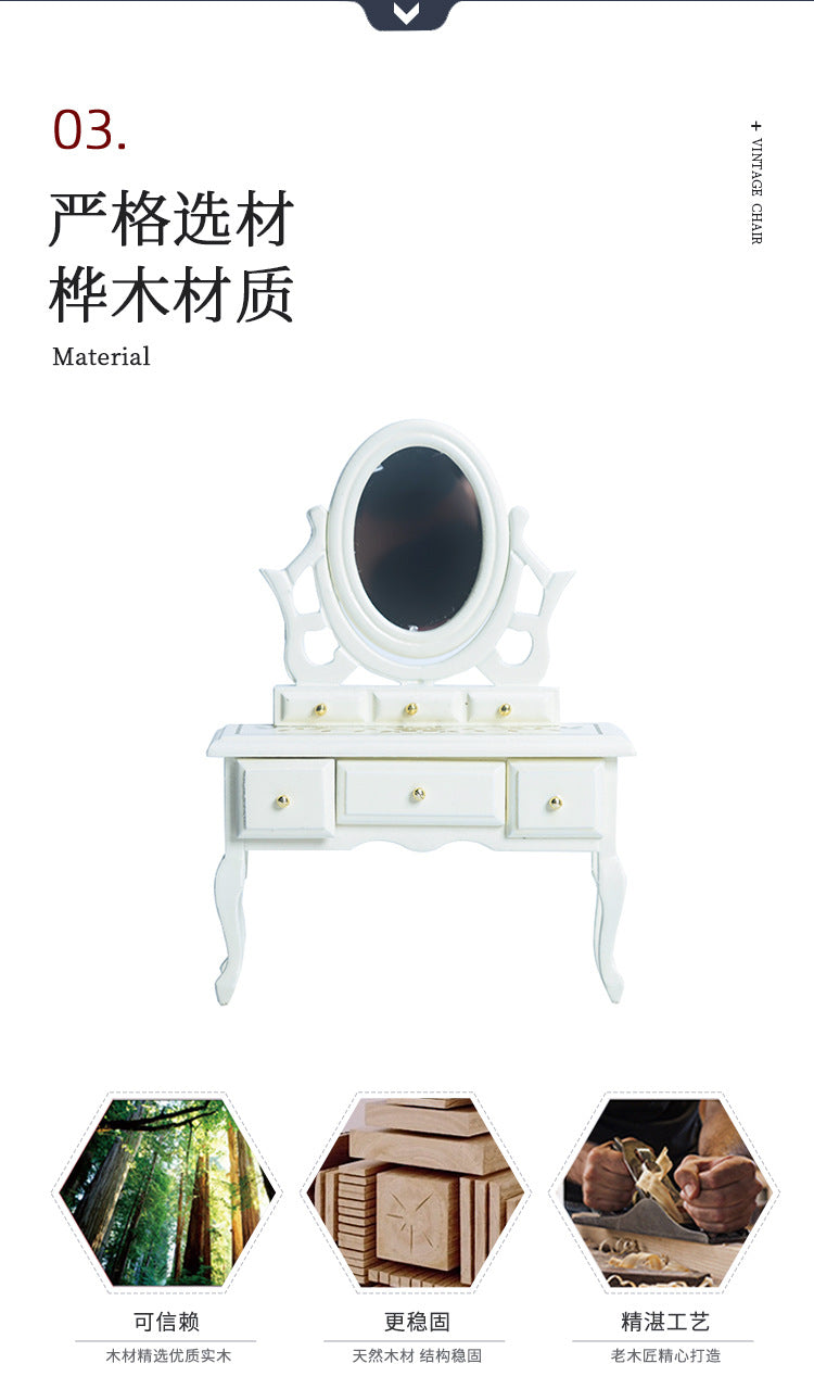 Miniature DIY Dollhouse Bedroom Dressing Table with Mirror Model Small Furniture Mini Wooden Craft Scene Ornament