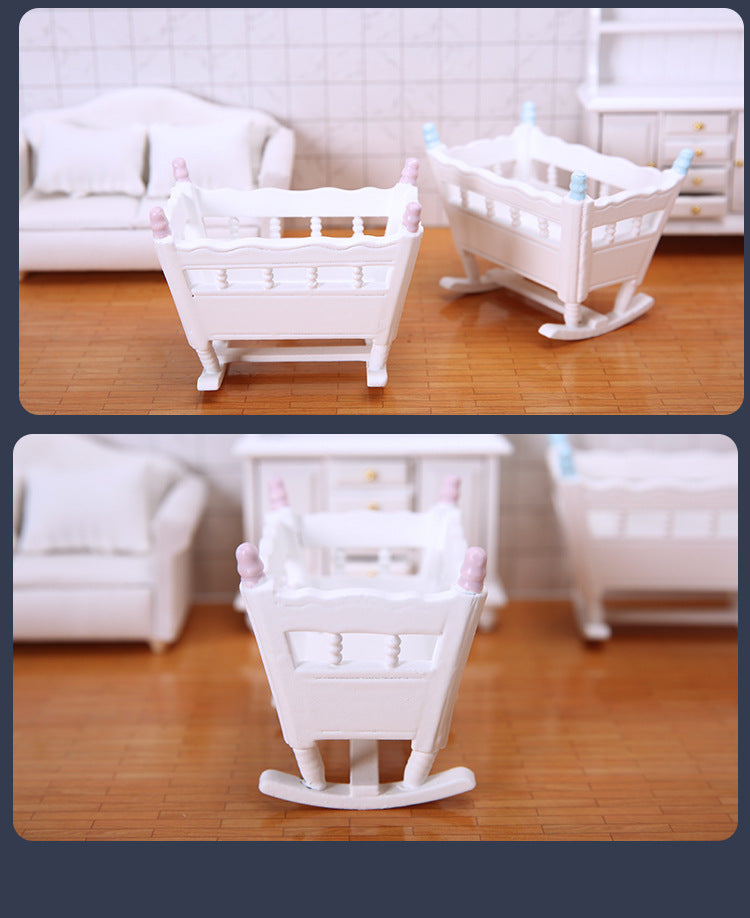 1:12 Dollhouse Bedroom Scene Mini Cradle Blue and Pink Pillars Realistic Baby Rocking Bed