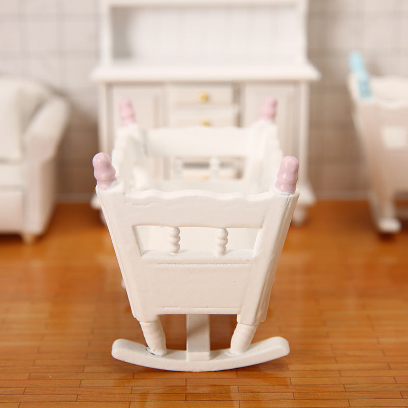 1:12 Dollhouse Bedroom Scene Mini Cradle Blue and Pink Pillars Realistic Baby Rocking Bed