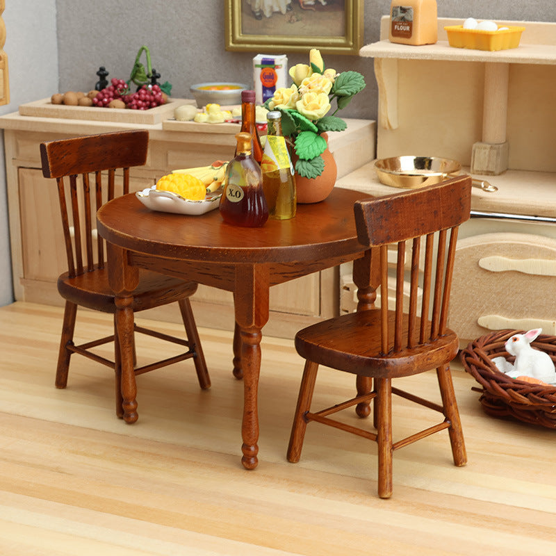 1:12 Dollhouse Miniature Wooden Crafts Chestnut Table and Chairs
