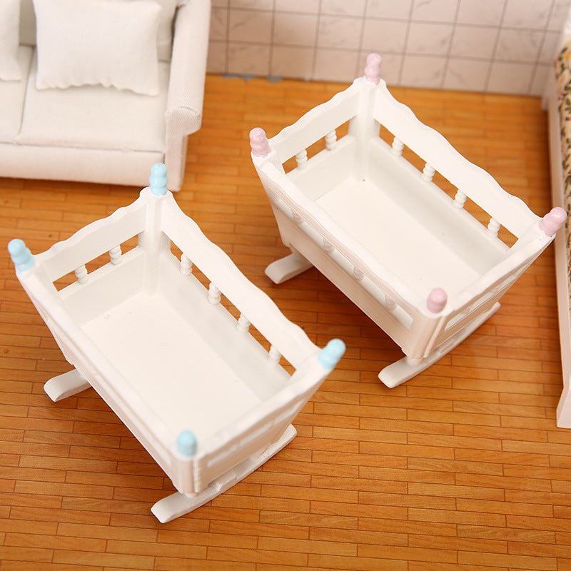 1:12 Dollhouse Bedroom Scene Mini Cradle Blue and Pink Pillars Realistic Baby Rocking Bed