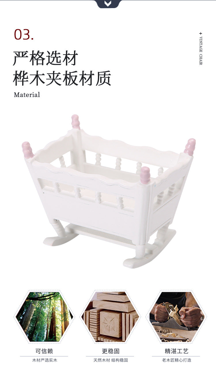 1:12 Dollhouse Bedroom Scene Mini Cradle Blue and Pink Pillars Realistic Baby Rocking Bed