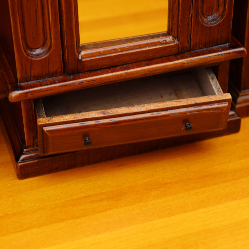 1:12 Dollhouse Mini Furniture Bedroom Miniature Scene Cabinet Chestnut Solid Wood Wardrobe with Mirror