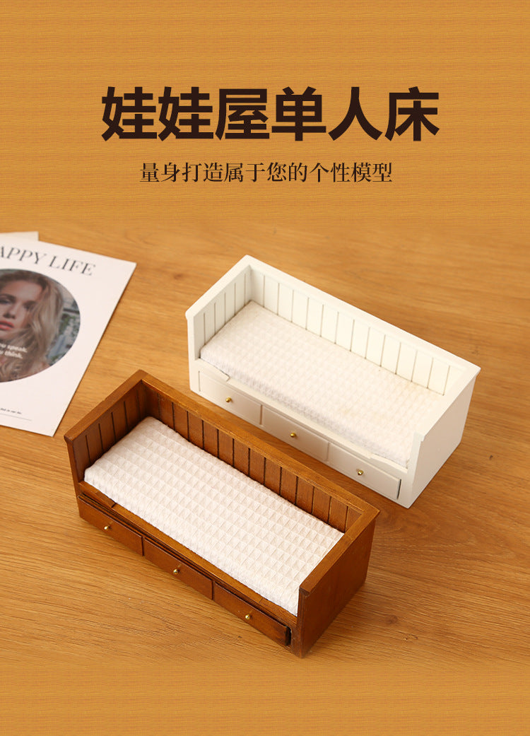 1:12 Dollhouse Mini Furniture Bedroom Micro Scene Model Walnut Retro Single Bed