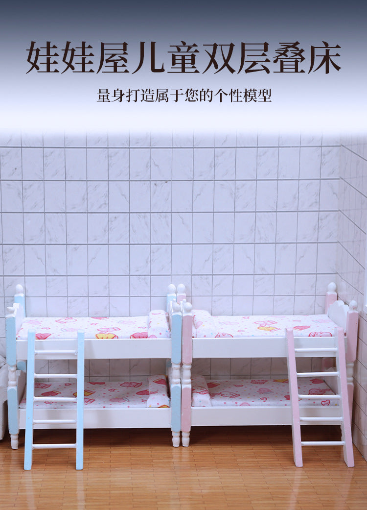 1:12 Dollhouse Mini Furniture Bedroom Children's Bunk Bed Miniature Model Playhouse Cartoon Creative Ornament