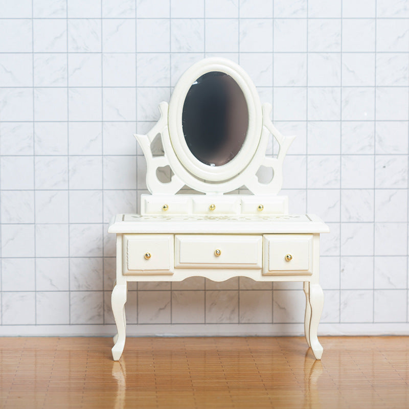Miniature DIY Dollhouse Bedroom Dressing Table with Mirror Model Small Furniture Mini Wooden Craft Scene Ornament