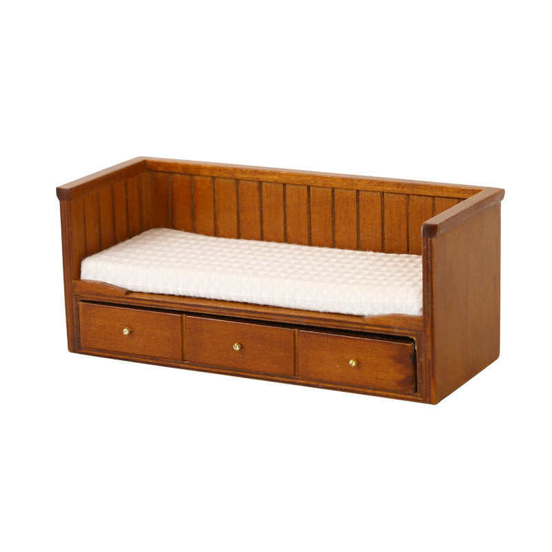 1:12 Dollhouse Mini Furniture Bedroom Micro Scene Model Walnut Retro Single Bed