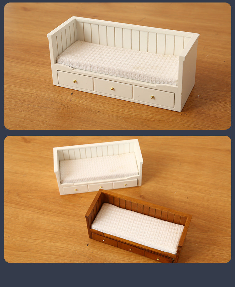 1:12 Dollhouse Mini Furniture Bedroom Micro Scene Model Walnut Retro Single Bed