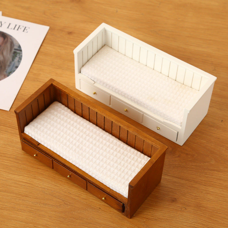 1:12 Dollhouse Mini Furniture Bedroom Micro Scene Model Walnut Retro Single Bed