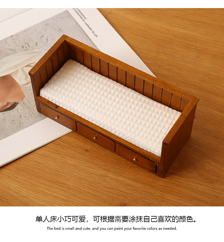 1:12 Dollhouse Mini Furniture Bedroom Micro Scene Model Walnut Retro Single Bed
