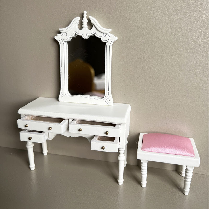 Dollhouse White Bedroom Dresser with Stool