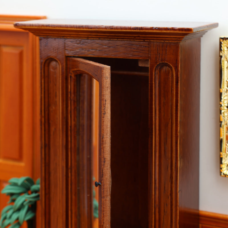 1:12 Dollhouse Mini Furniture Bedroom Miniature Scene Cabinet Chestnut Solid Wood Wardrobe with Mirror