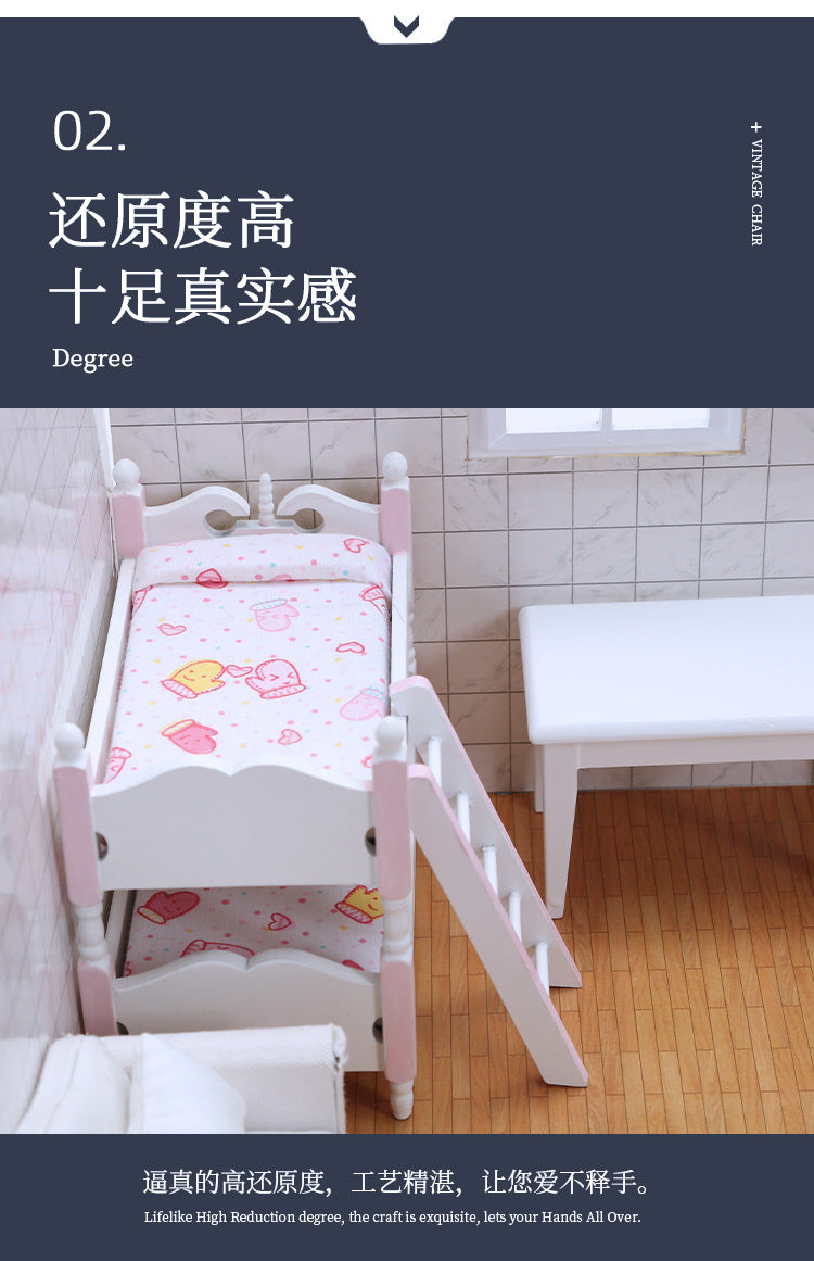 1:12 Dollhouse Mini Furniture Bedroom Children's Bunk Bed Miniature Model Playhouse Cartoon Creative Ornament