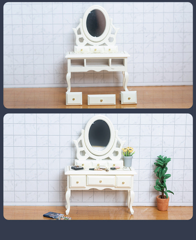 Miniature DIY Dollhouse Bedroom Dressing Table with Mirror Model Small Furniture Mini Wooden Craft Scene Ornament