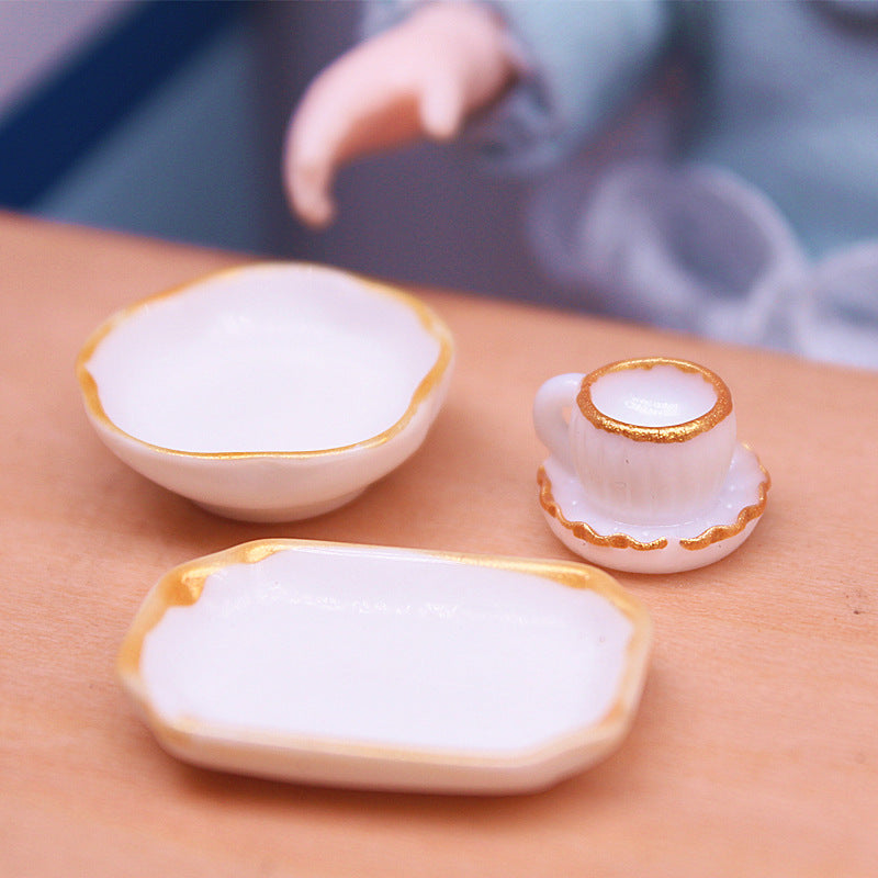 Dollhouse Miniature Food Accessories Miniature Realistic Kitchen White Tableware Bowls Plates Cups