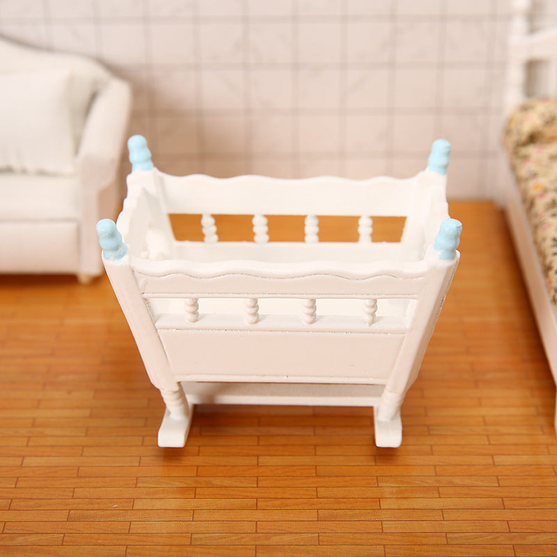 1:12 Dollhouse Bedroom Scene Mini Cradle Blue and Pink Pillars Realistic Baby Rocking Bed