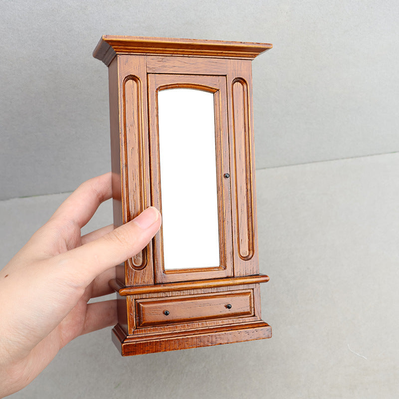 1:12 Dollhouse Mini Furniture Bedroom Miniature Scene Cabinet Chestnut Solid Wood Wardrobe with Mirror