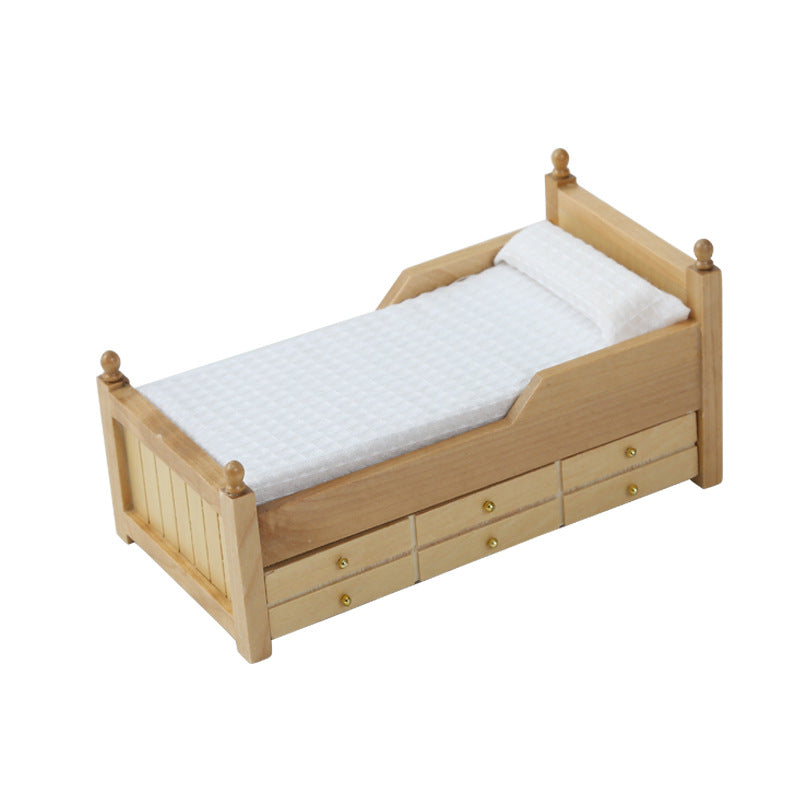 1:12 Furniture Accessories Decoration Compatible Bed with Drawer One-Drawer Bed Wooden Bed