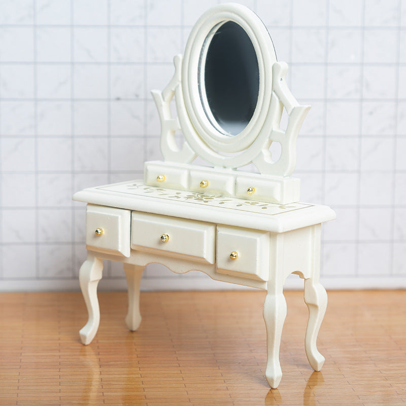 Miniature DIY Dollhouse Bedroom Dressing Table with Mirror Model Small Furniture Mini Wooden Craft Scene Ornament