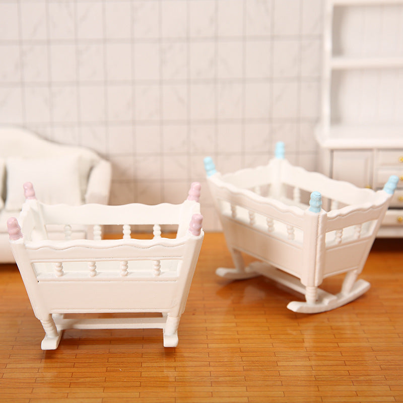1:12 Dollhouse Bedroom Scene Mini Cradle Blue and Pink Pillars Realistic Baby Rocking Bed
