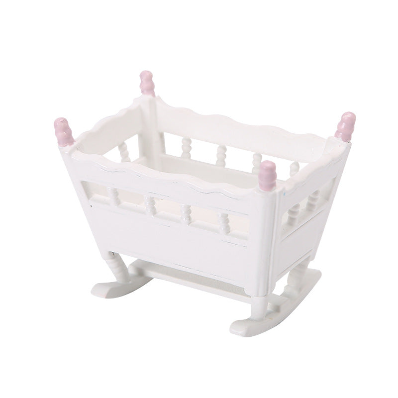 1:12 Dollhouse Bedroom Scene Mini Cradle Blue and Pink Pillars Realistic Baby Rocking Bed