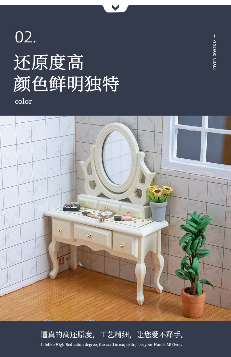 Miniature DIY Dollhouse Bedroom Dressing Table with Mirror Model Small Furniture Mini Wooden Craft Scene Ornament