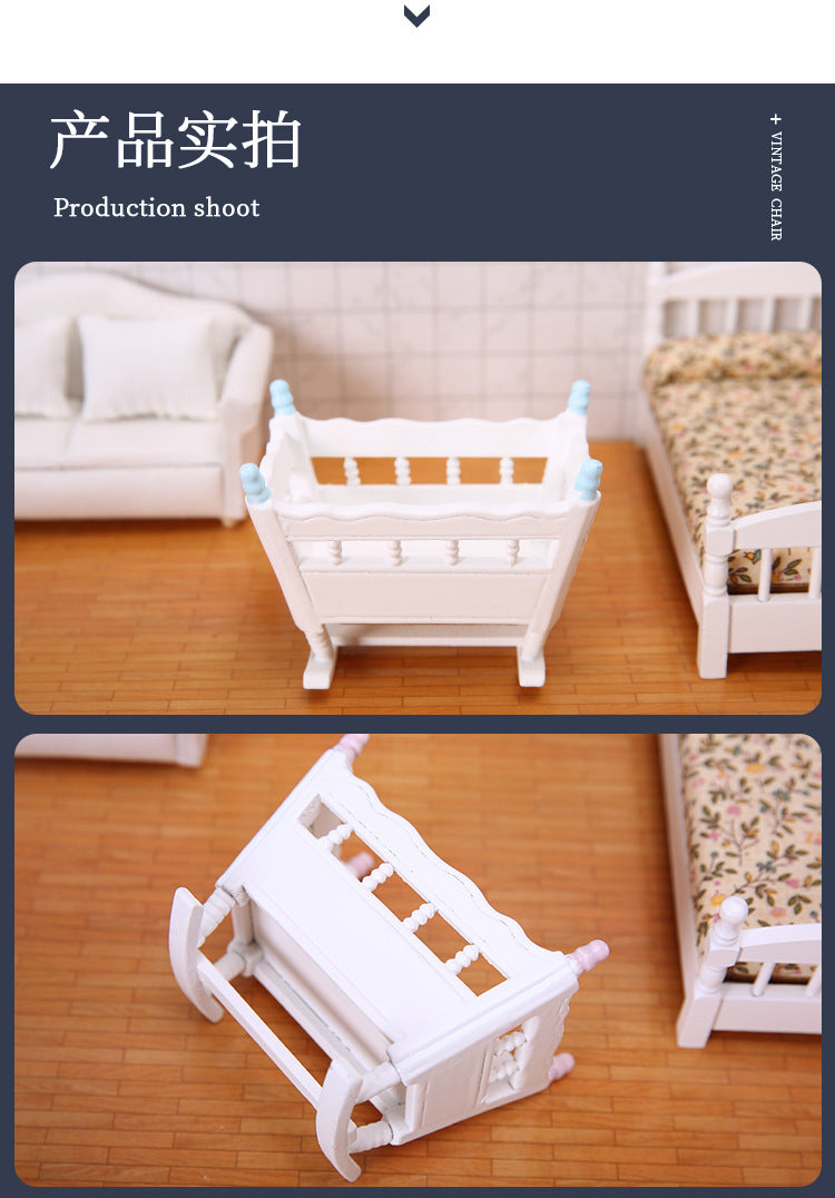 1:12 Dollhouse Bedroom Scene Mini Cradle Blue and Pink Pillars Realistic Baby Rocking Bed