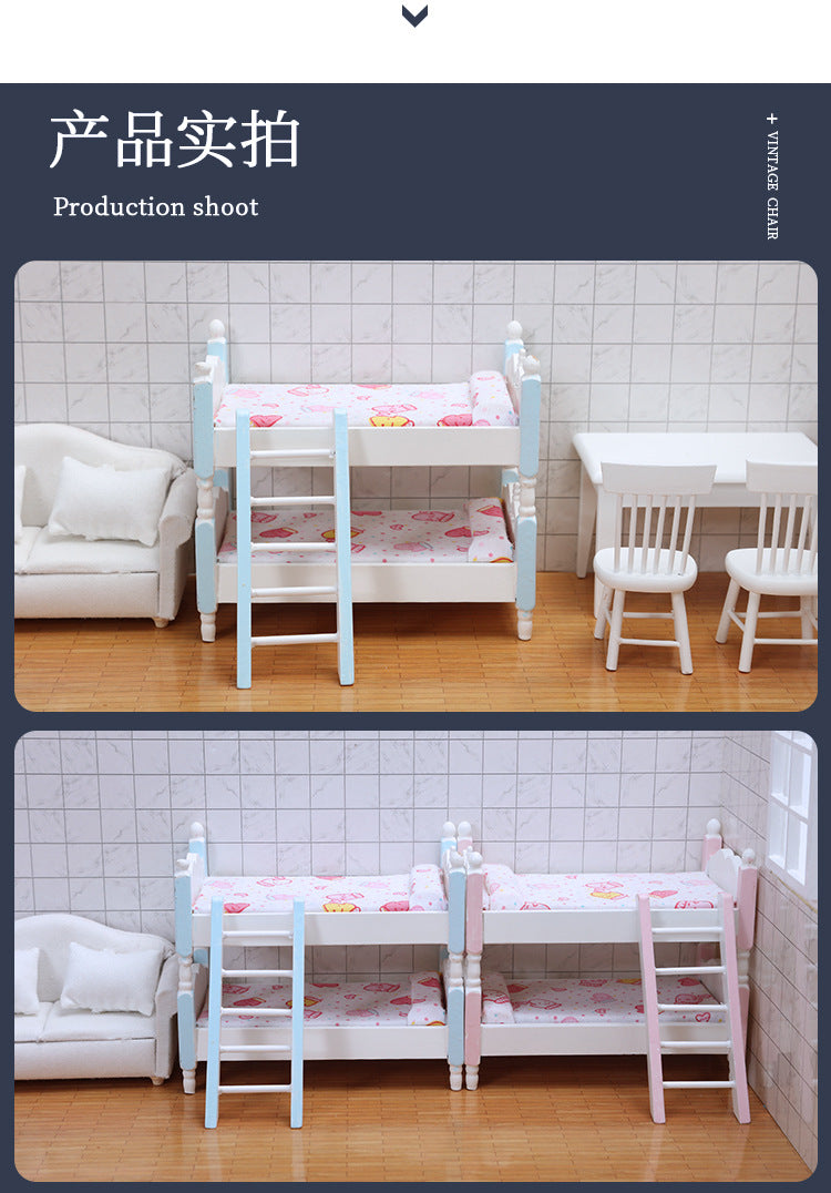 1:12 Dollhouse Mini Furniture Bedroom Children's Bunk Bed Miniature Model Playhouse Cartoon Creative Ornament